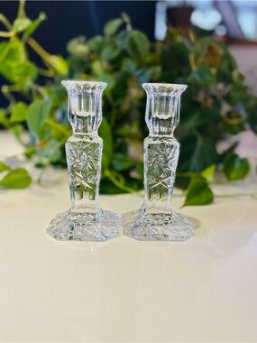 Vtg Cut Glass Crystal Candlesticks – Pair, Elegant Table Decor